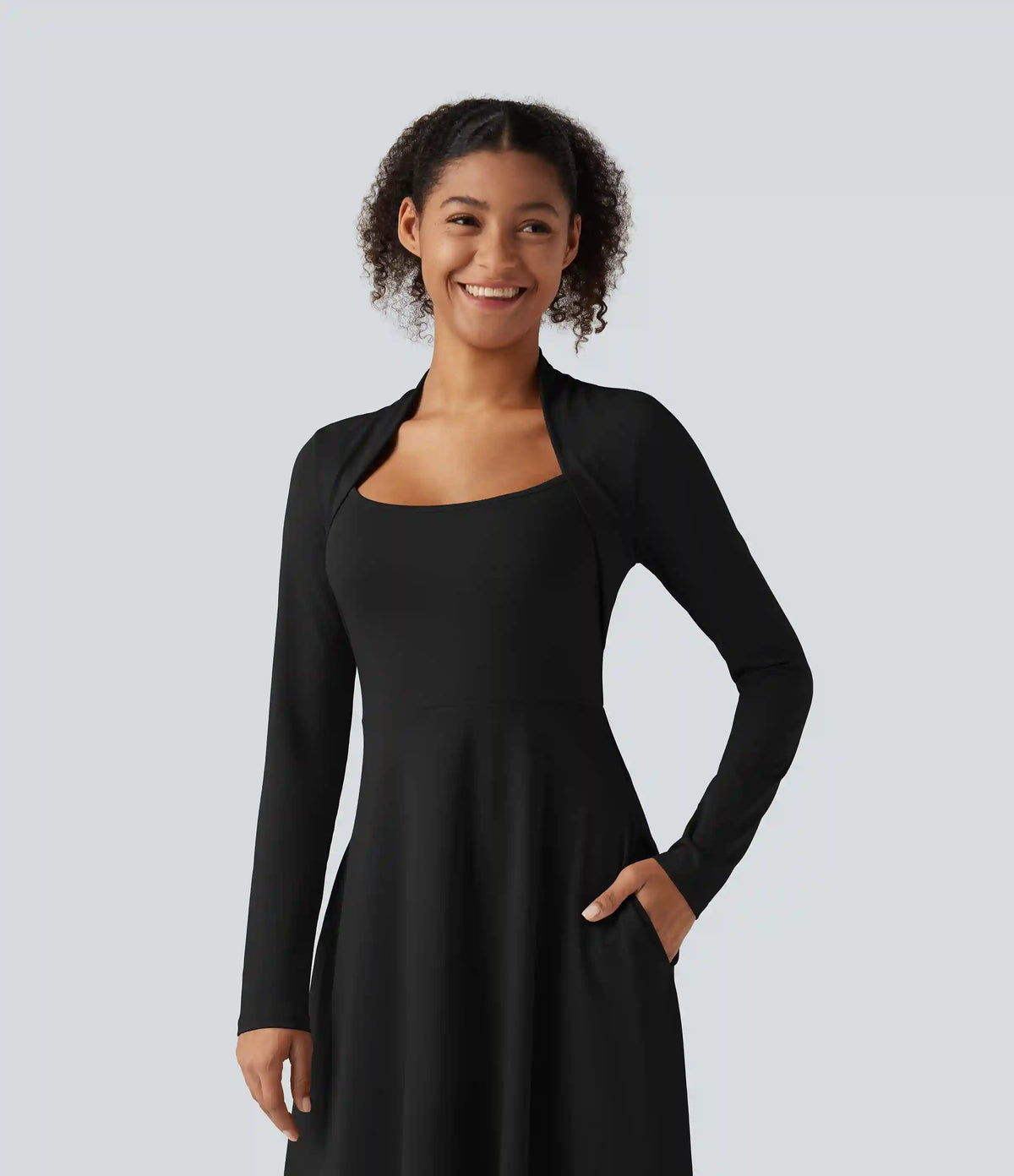 Queen Anne Neck Long Sleeve A-Line Party Midi Dress with Pockets