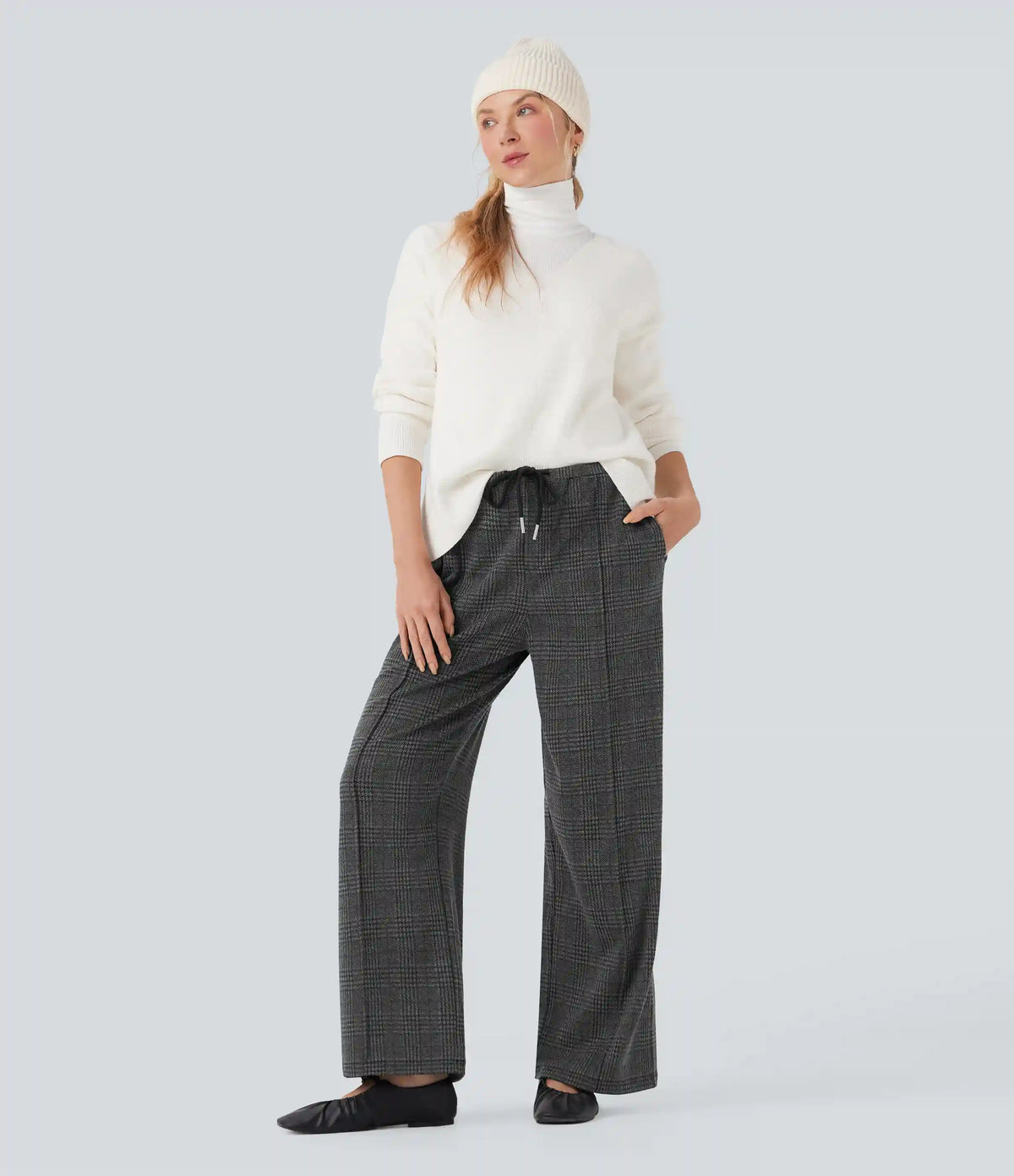 Halara Flex™ Mid Rise Drawstring Plaid Straight-leg Work Pants with Pockets