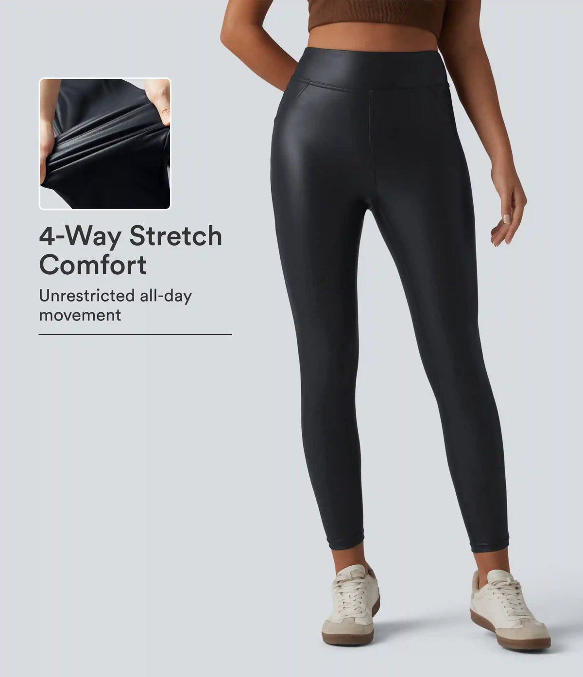 High Waisted Stretchy PU Casual Skinny Pants with Pockets
