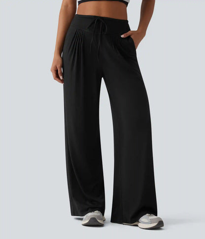 High Waisted Drawstring Pleated Heathered Casual Baggy Pants with Pockets