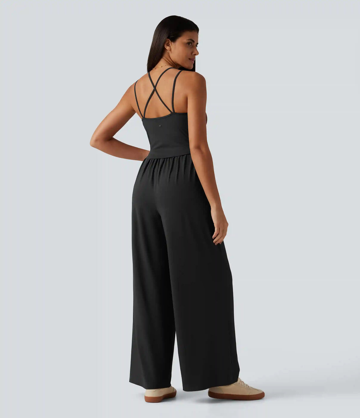 U Neck Sleeveless Crossover Built-in Bra Wide Leg Casual Jumpsuit with Pockets--Easy Peezy