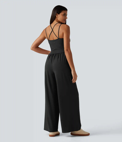 U Neck Sleeveless Crossover Built-in Bra Wide Leg Casual Jumpsuit with Pockets--Easy Peezy