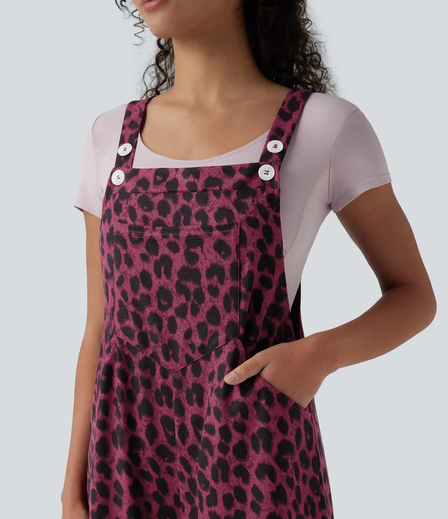 Leopard Print Waffle Casual Overalls with Pockets