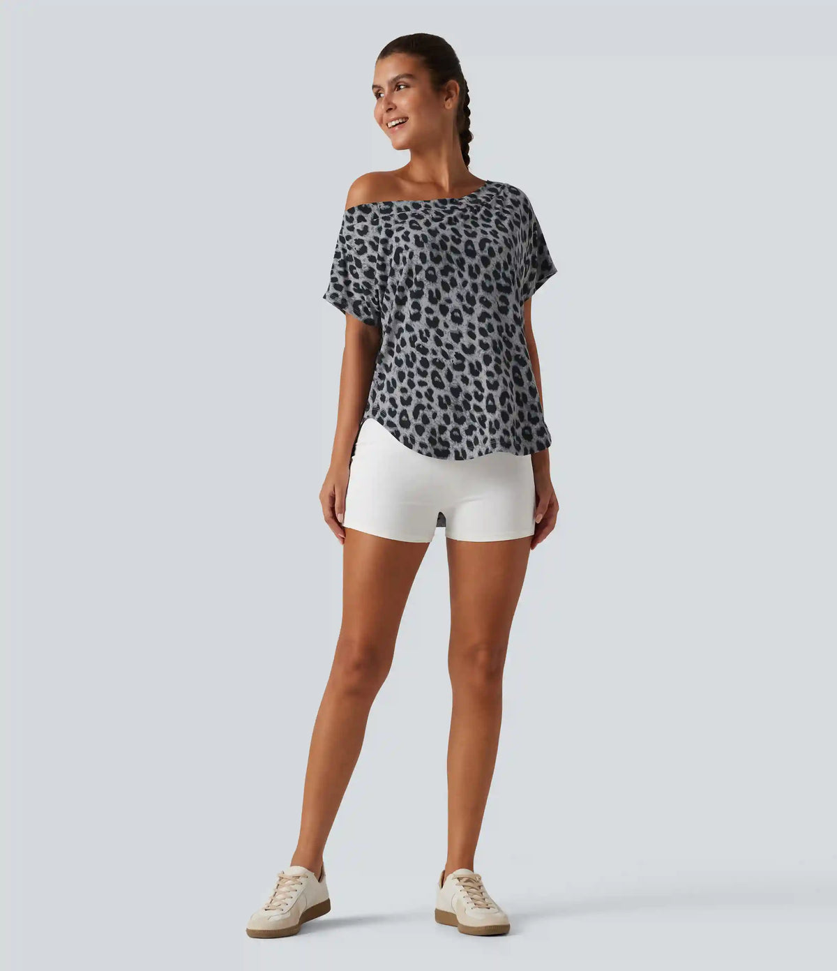 One Shoulder Short Sleeve Leopard Print Built-in Bra Curved Hem High Low Yoga Sports Top