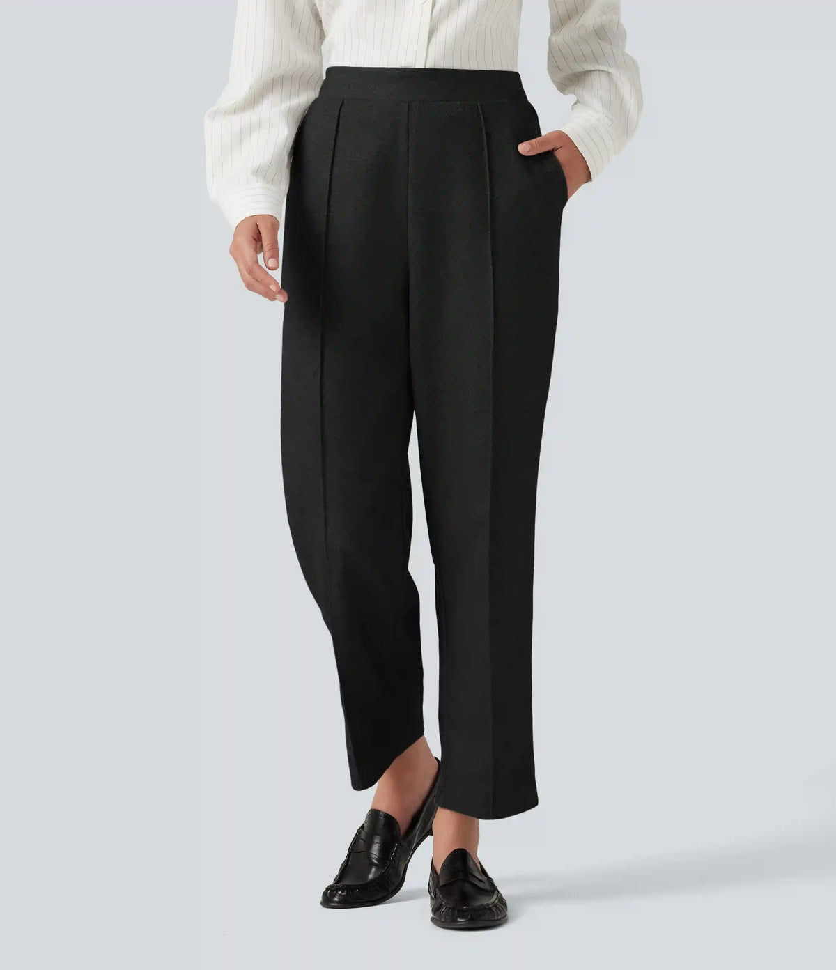 High Waisted Pintuck Tapered Work Pants with Pockets