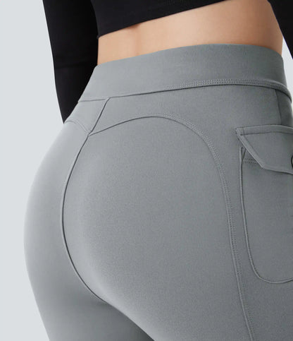 High Waisted Side Flap Pocket Flare Casual Cargo Pants