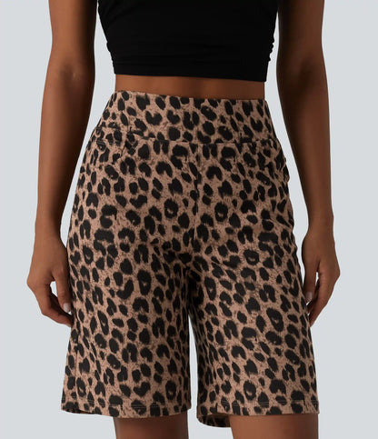 High Waisted Leopard Waffle Casual Baggy Bermuda Shorts 10'' with Pockets