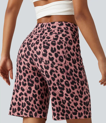 High Waisted Leopard Waffle Casual Baggy Bermuda Shorts 10'' with Pockets