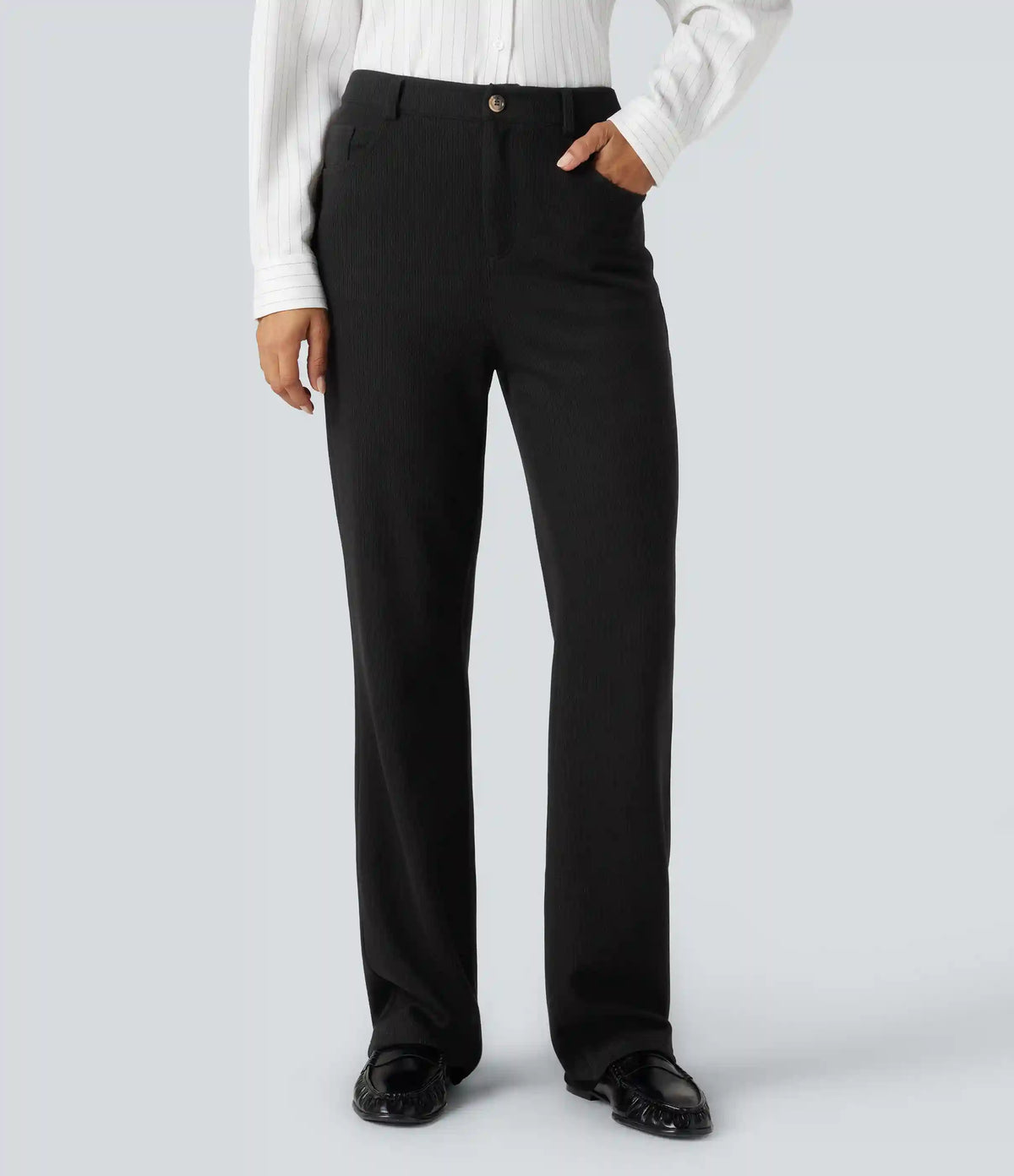 Ribbed High Waisted Casual Bootcut Pants with Pockets