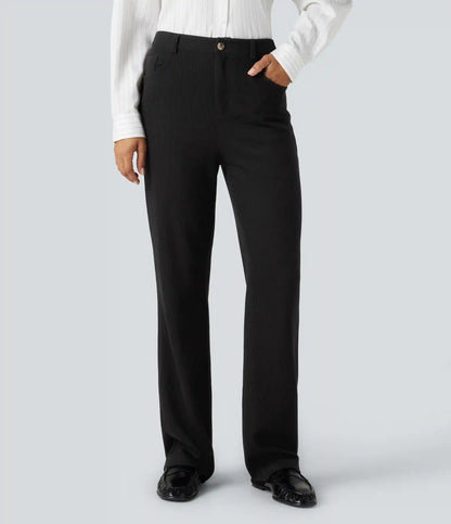 Ribbed High Waisted Casual Bootcut Pants with Pockets