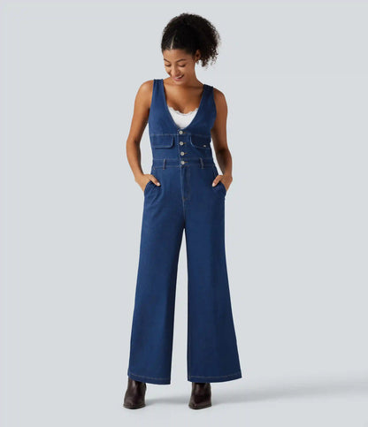 Halara Flex™ V Neck Wide Leg Denim Casual Jumpsuit with Pockets