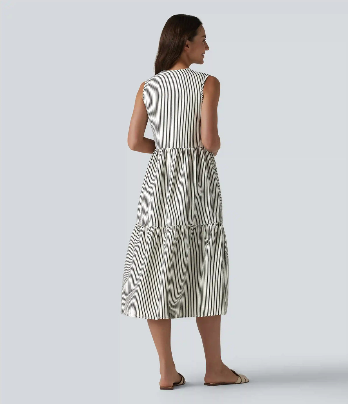 V Neck Built-in Bra Sleeveless Stripe Midi Dress