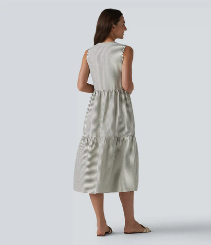 V Neck Built-in Bra Sleeveless Stripe Midi Dress