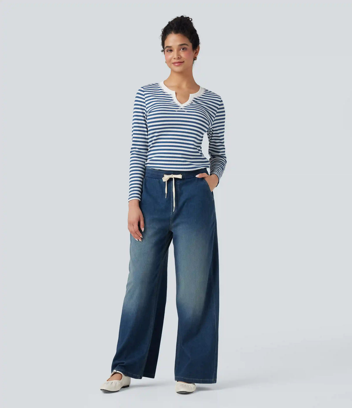 Notched Long Sleeve Stripe Casual Top
