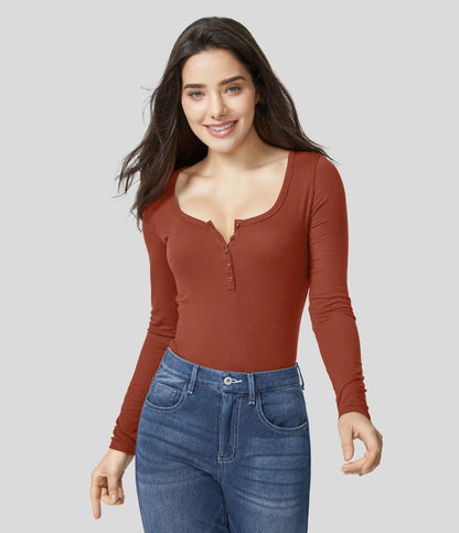 Ribbed Henley Neck Long Sleeve Slim Casual T-Shirt