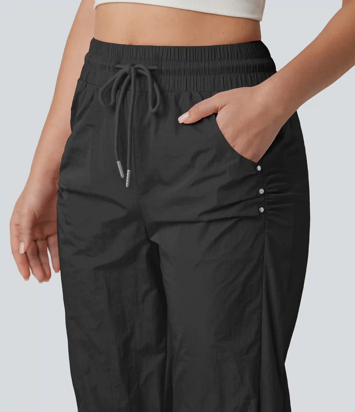 High Waisted Drawstring Studded Straight Leg Casual Pants with Pockets