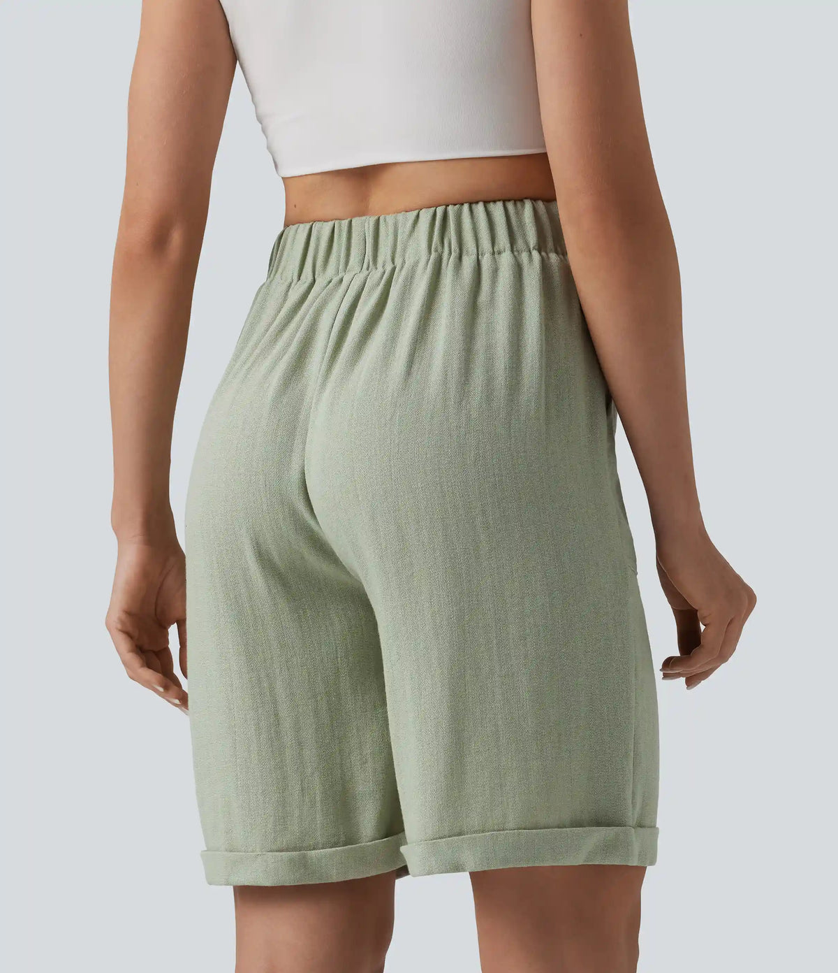 High Waisted Rolled Hem Linen-Feel Casual Bermuda Shorts with Pockets