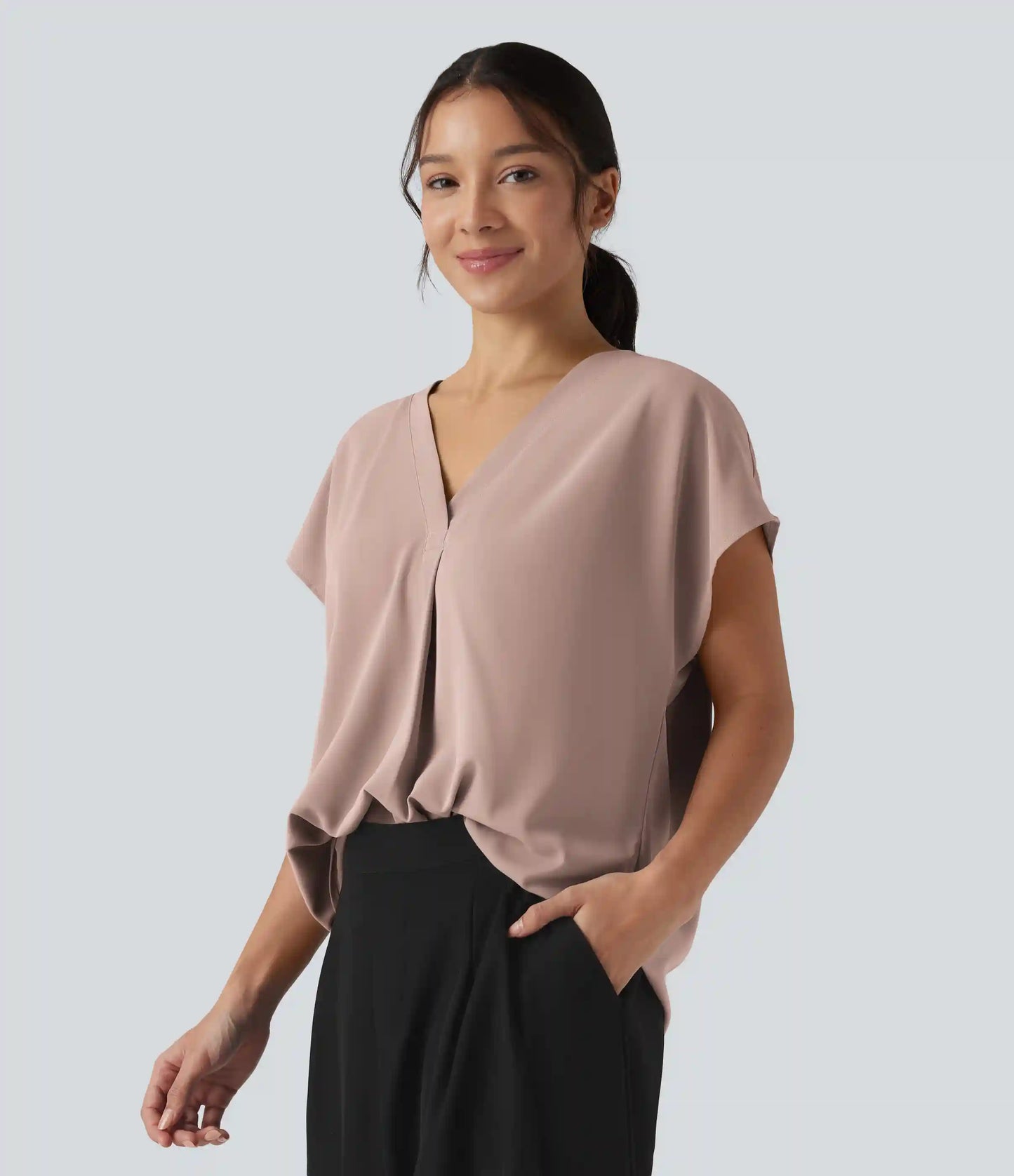 Wrinkle Recovery V-neck Short Sleeve Oversized Work Blouse