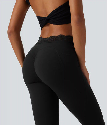 Halara UltraSculpt™ Mid Rise Contrast Lace Ruched Flare Yoga Leggings with Pockets