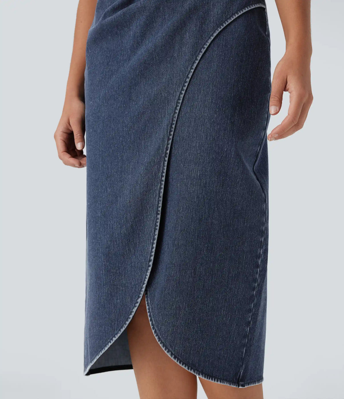 Halara Flex™ High Waisted Back Zipper Ruched Tulip Hem Midi Washed Denim Casual Skirt