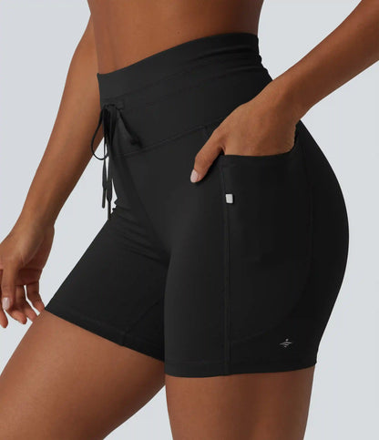 High Waisted Drawstring Plain Yoga Biker Shorts 5'' with Pockets