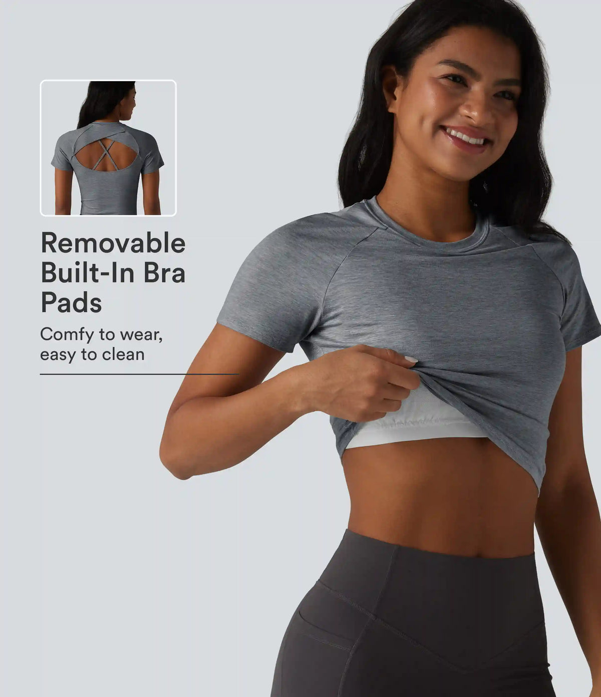 Round Neck Short Sleeve Built-in Bra Yoga Sports Top