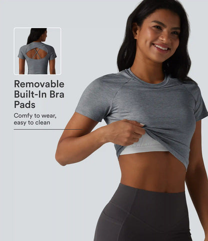 Round Neck Short Sleeve Built-in Bra Yoga Sports Top