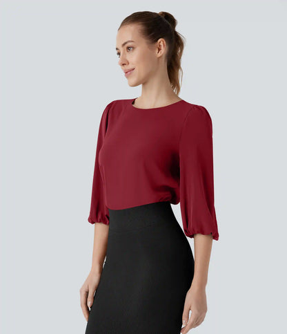 Boat Neck Keyhole Back Bishop Sleeve Work Linen-Feel Blouse