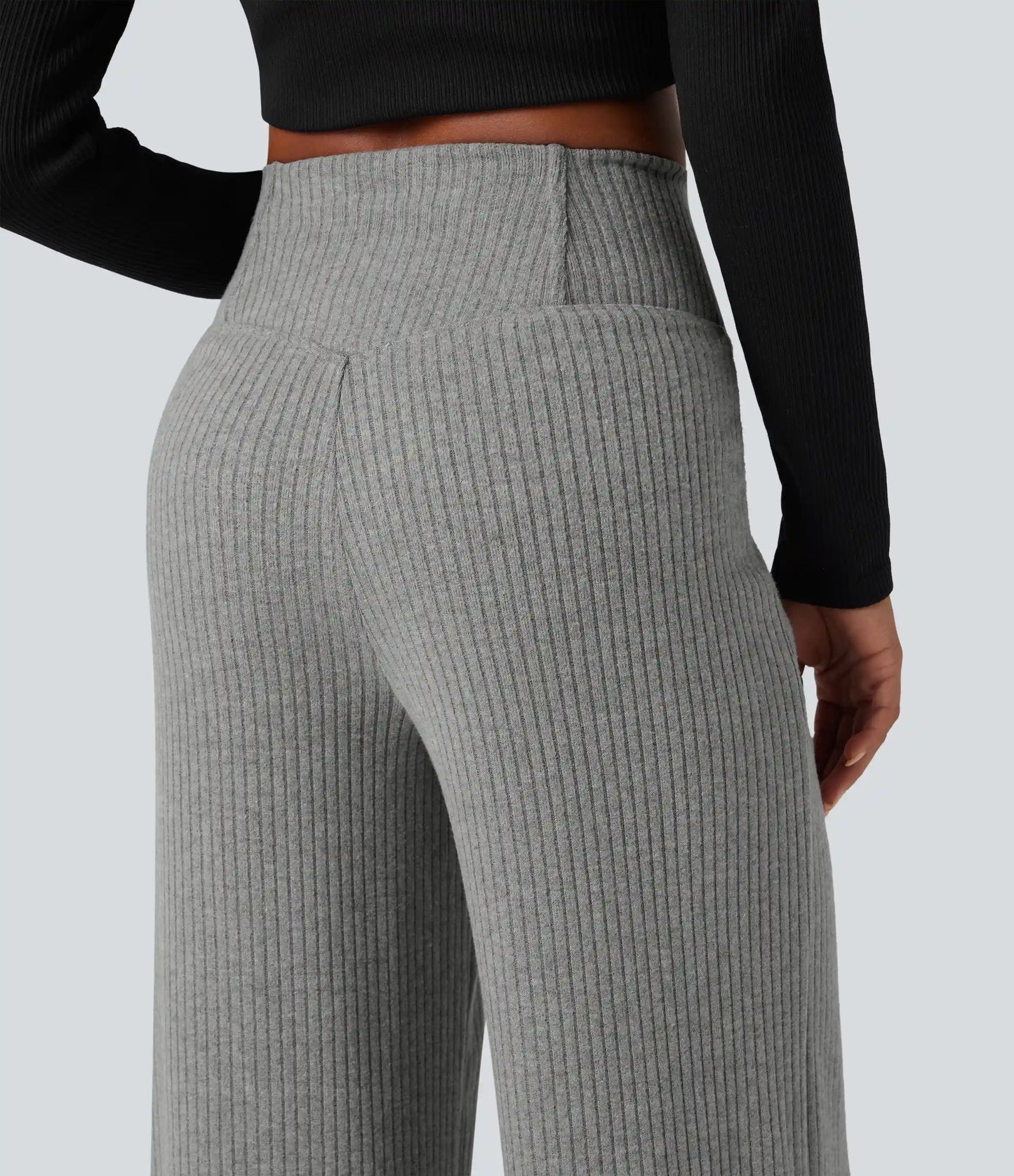 Ribbed Knit High Waisted Crossover Tummy Control Straight Leg Casual Pants with Pockets