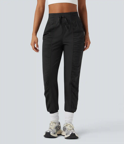 High Waisted Drawstring Ruched Tapered Quick Dry Cool Touch Dance Joggers with Pockets-UPF40+