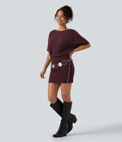 Ribbed Knit Boat Neck Batwing Short Sleeve Loose fit Mini Casual Dress