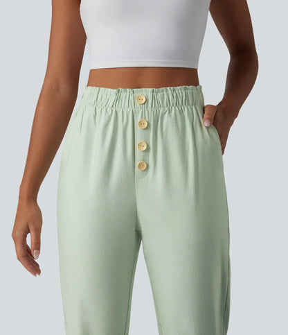 High Waisted Tapered Casual Cotton Linen Pants with Pockets