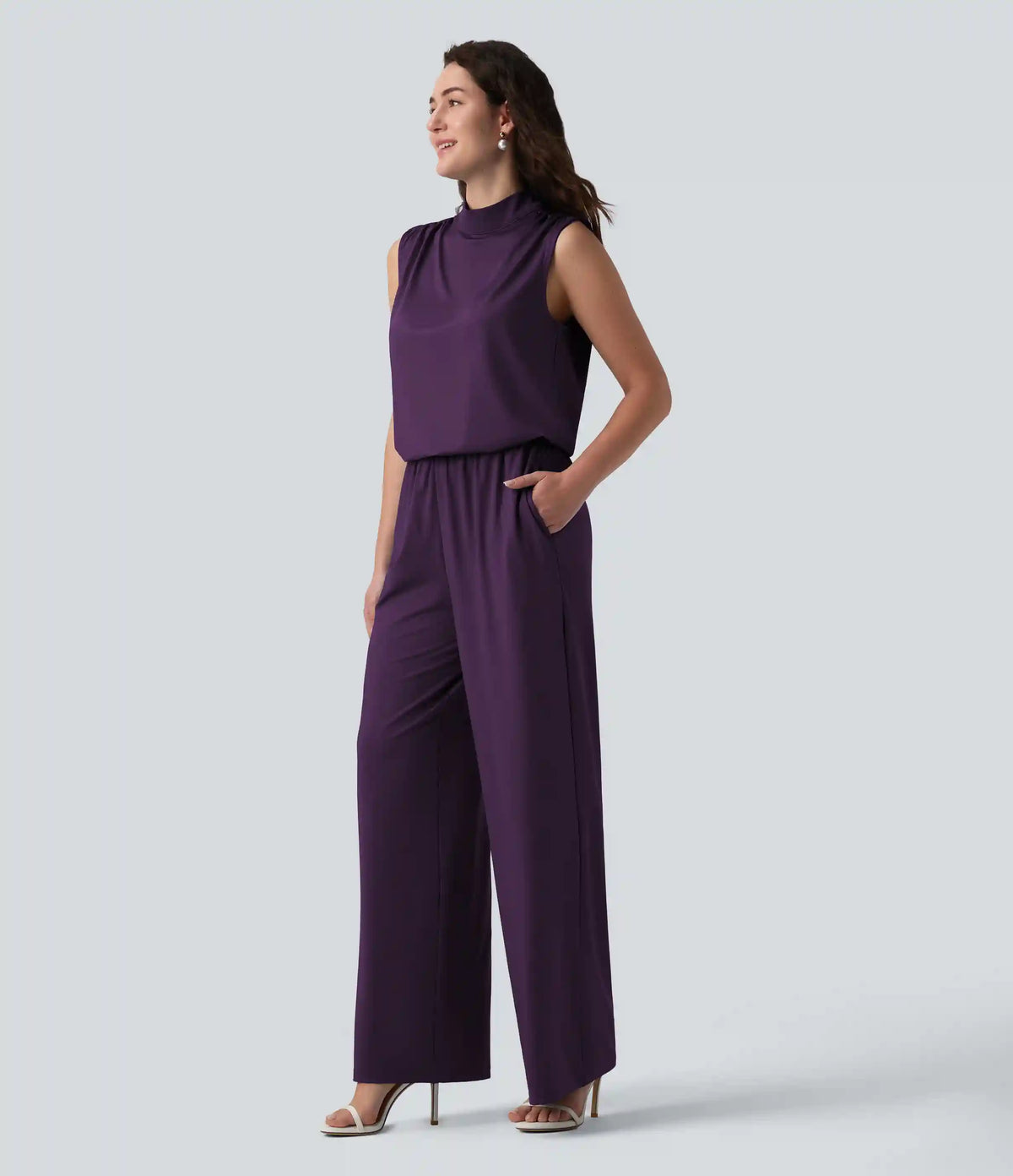 Stand Collar Sleeveless Straight Leg Bridesmaid And Wedding Guest Jumpsuit with Pockets-Easy Peezy