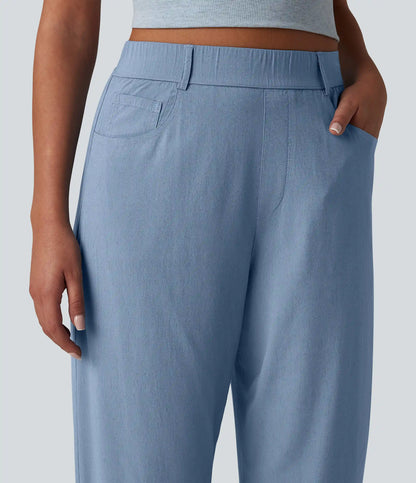 High Waisted Barrel Leg Casual Stretch Linen Pants with Pockets