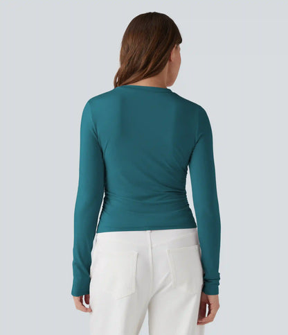 Round Neck Long Sleeve Ruched Casual Top