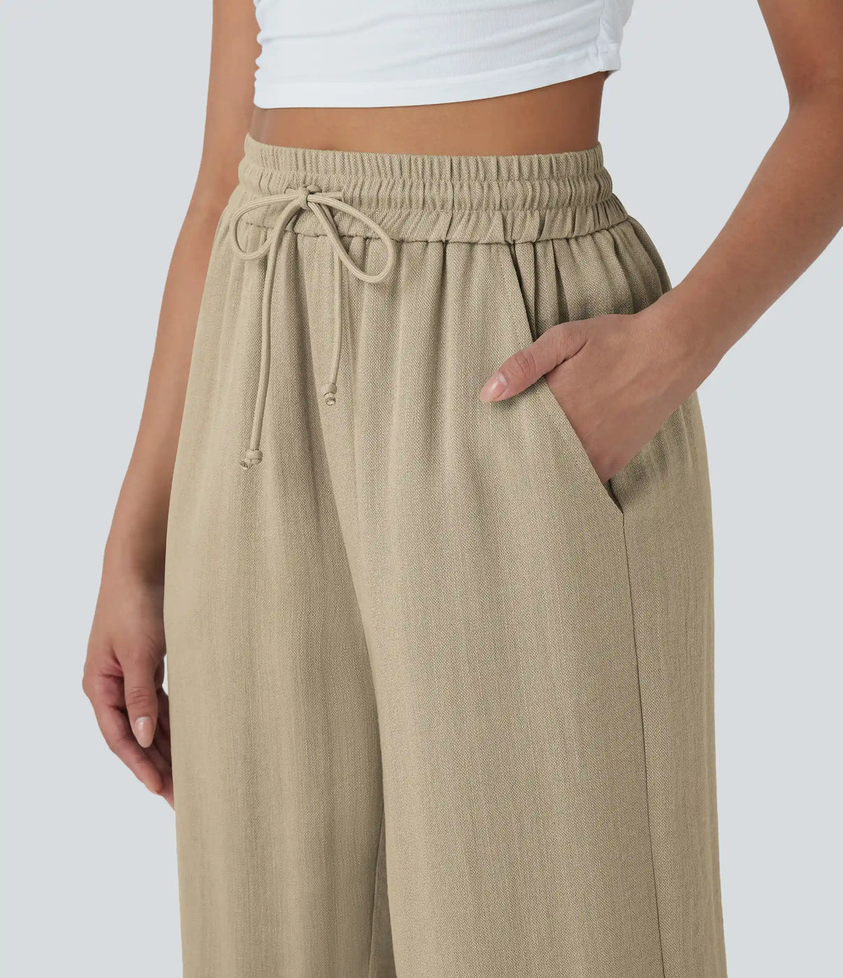 High Waisted Drawstring Wide Leg Cropped Casual Linen-Feel Pants with Pockets
