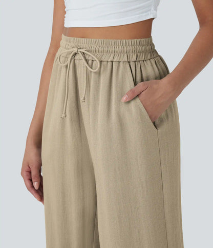 High Waisted Drawstring Wide Leg Cropped Casual Linen-Feel Pants with Pockets