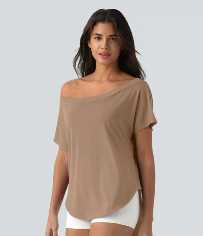 One Shoulder Short Sleeve Curved Hem High Low Quick Dry Yoga Sports Top-Built-in Bra