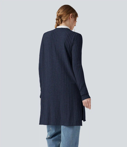 Ribbed Knit Long Sleeve Split Casual Cardigan
