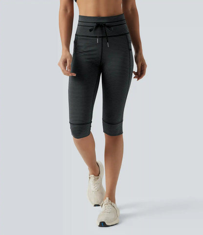 High Waisted Drawstring Stripe Pedal Pusher Yoga Leggings with Pockets