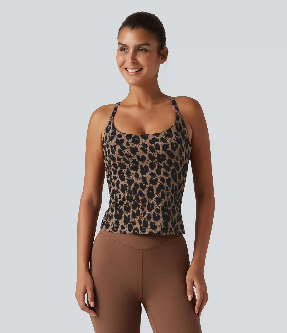Halara UltraSculpt™ Leopard Print Scoop Neck Built-in Bra Crossover Hem Yoga Tank Top