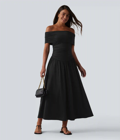 Off-shoulder Tummy Control Ruched Built-in Bra Maxi Flowy Casual Dress A-D Cups