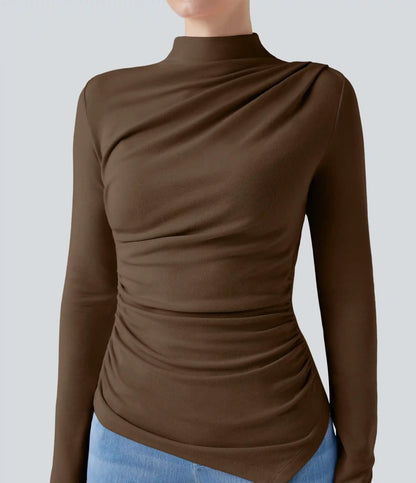 Mock-neck Long Sleeve Ruched Asymmetric Hem Thermal Casual Top