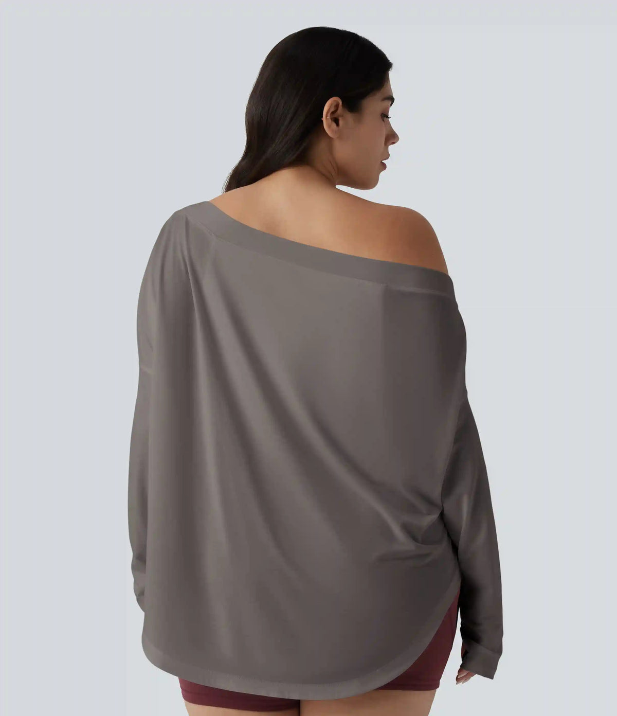One Shoulder Long Sleeve Thumb Hole Curved Hem High Low Quick Dry Yoga Plus Size Sports Top-Built-in Bra