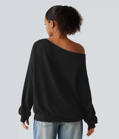 One Shoulder Long Sleeve Pullover Casual Sweatshirt with Pocket and Thumbholes