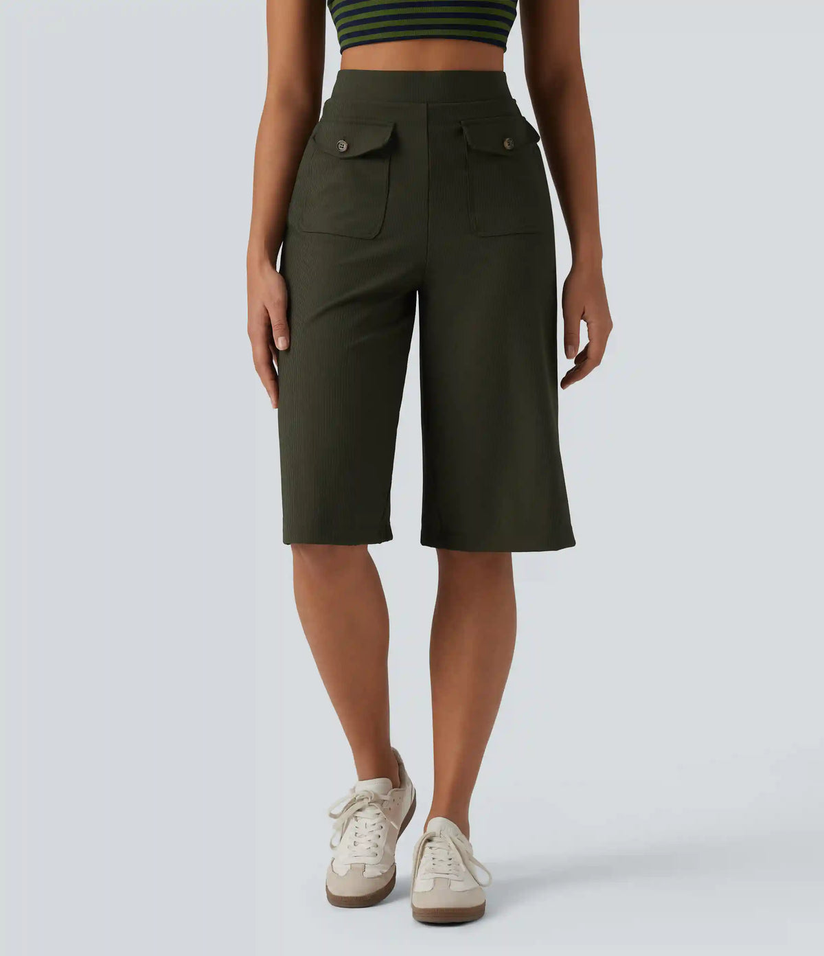 Ribbed Knit High Waisted Pedal Pushers Quick Dry Casual Wide Leg Pants with Flap Pockets-UPF50+