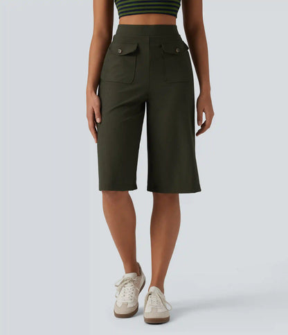 Ribbed Knit High Waisted Pedal Pushers Quick Dry Casual Wide Leg Pants with Flap Pockets-UPF50+