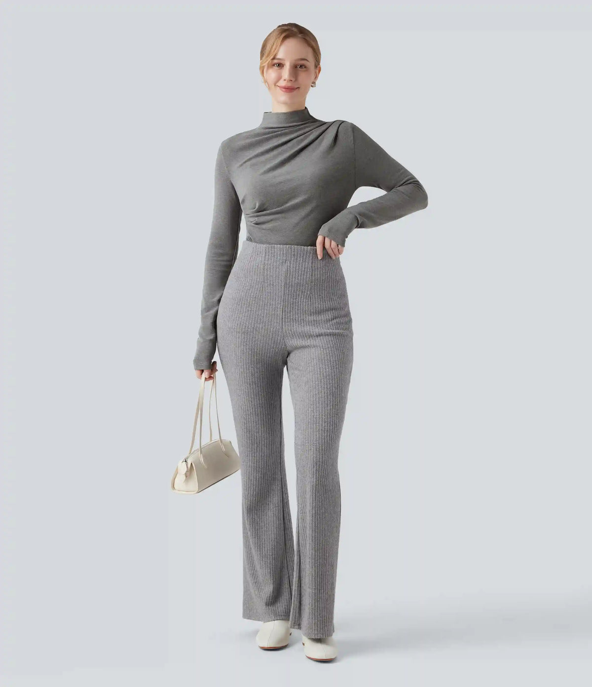 Mock-neck Long Sleeve Ruched Asymmetric Hem Thermal Casual Top