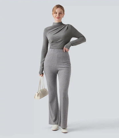 Mock-neck Long Sleeve Ruched Asymmetric Hem Thermal Casual Top