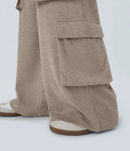 Ribbed Mid Rise Drawstring Pockets Wide Leg Cargo Casual Pants